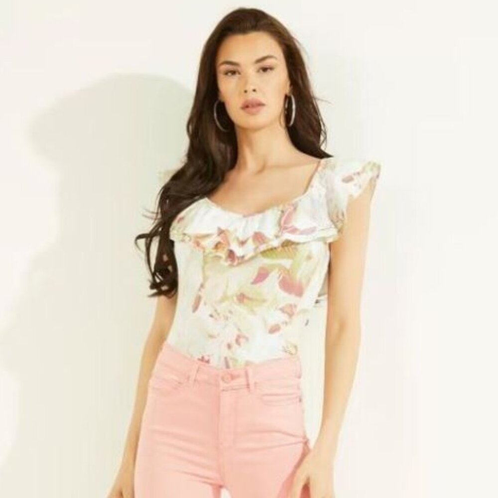 NWT Guess Eco Ruffle Veronika Miraflores Print Top